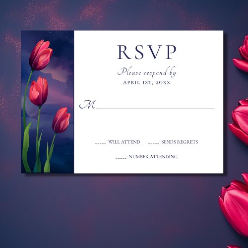 Watercolor Red Tulips Stars and Full Moon Wedding RSVP Card