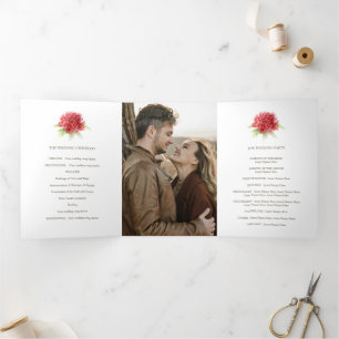 Watercolor red waratah wedding photo Tri-Fold program