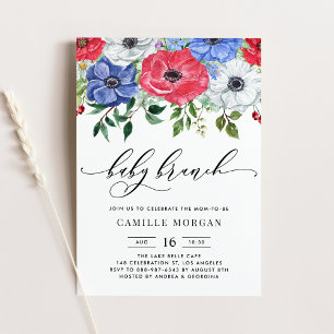 Watercolor Red, White and Blue Anemone Baby Brunch Invitation