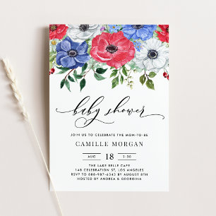 Watercolor Red, White and Blue Anemone Baby Shower Invitation