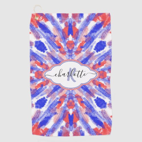 Watercolor Red White and Blue Monogram Abstract Golf Towel