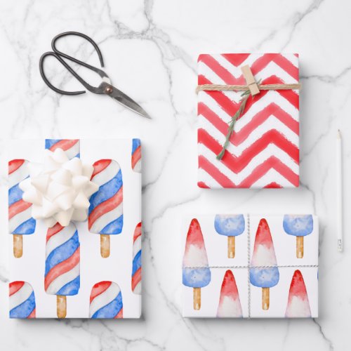 Watercolor Red White and Blue Patriotic Popsicle Wrapping Paper Sheets