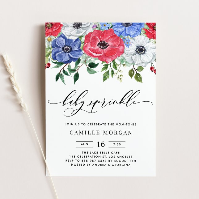 Watercolor Red, White & Blue Anemone Baby Sprinkle Invitation (Creator Uploaded)