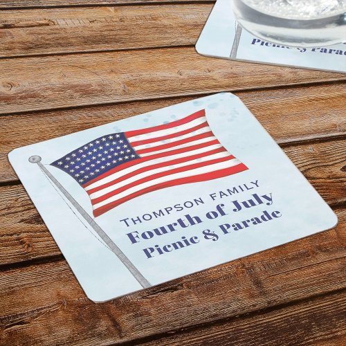 Watercolor Red White Blue Simple American Flag Square Paper Coaster