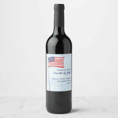 Watercolor Red White Blue Simple American Flag Wine Label