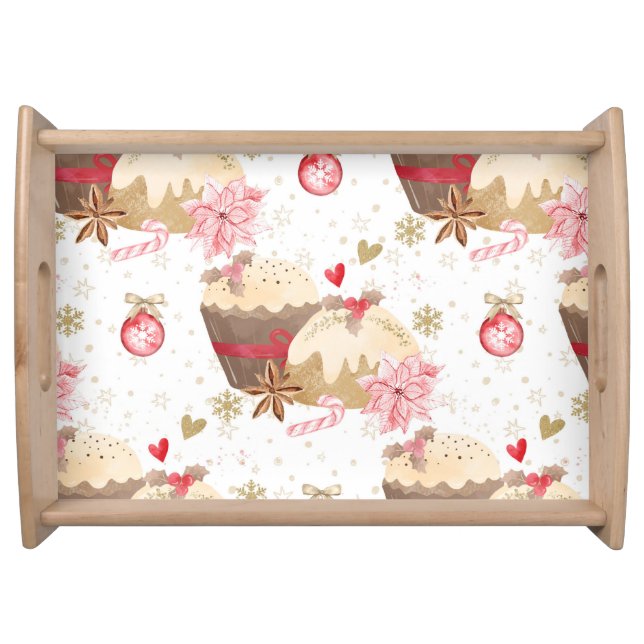 Watercolor Red & White Christmas Cakes and Pudding Serving Tray (Front)