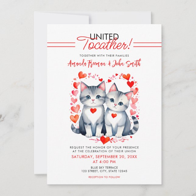 Watercolor Red & White Cute Cats Wedding Invitation (Front)