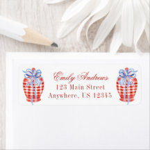 Watercolor Red & White Gingham Bow Ginger Jar
