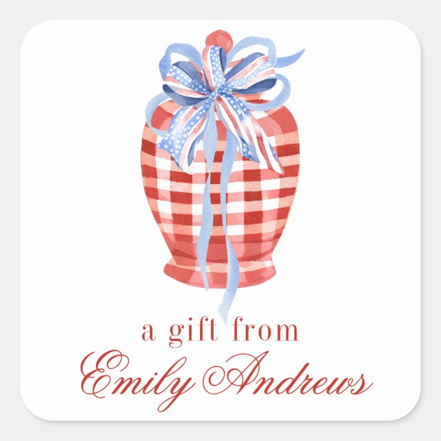 Watercolor Red & White Gingham Bow Ginger Jar Square Sticker (Front)
