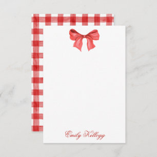 Watercolor Red & White Gingham Bow Thank You Card