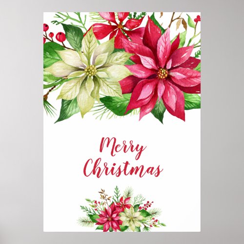 Watercolor Red White Poinsettia Floral Christmas Poster