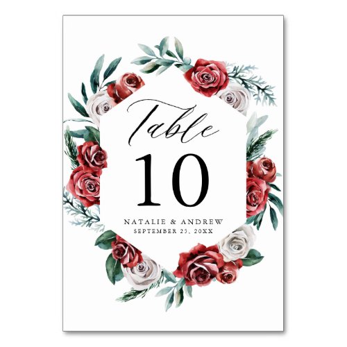 Watercolor Red  White Roses Floral Frame Wedding Table Number