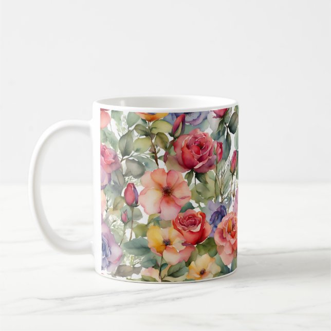 Watercolor Red Wild Roses Floral Coffee Mug (Left)
