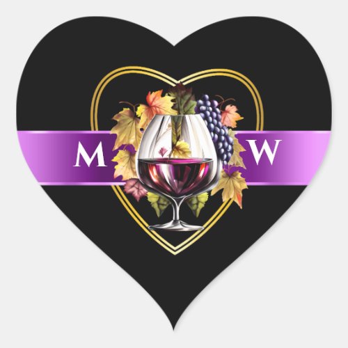 Watercolor red wine glass grapes purple monogram heart sticker