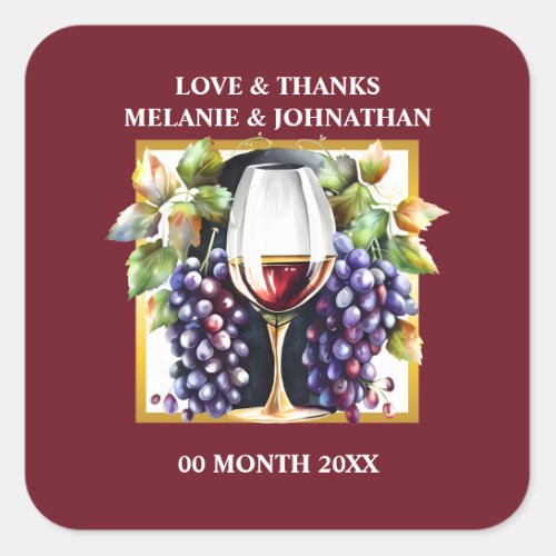 Watercolor red wine glass grapes vineyard winery square sticker