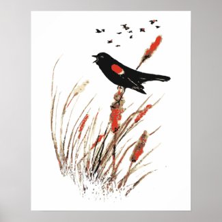 Watercolor Red Wing Blackbird Bird Nature art