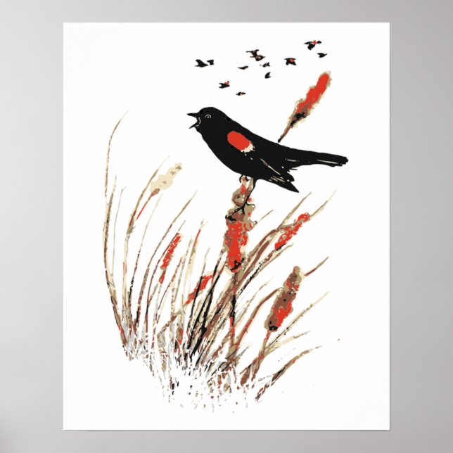 Watercolor Red Wing Blackbird Bird Nature art Poster (Front)