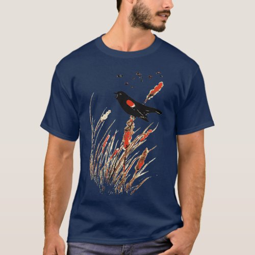 Watercolor Red Wing Blackbird Bird Nature Art T_Shirt