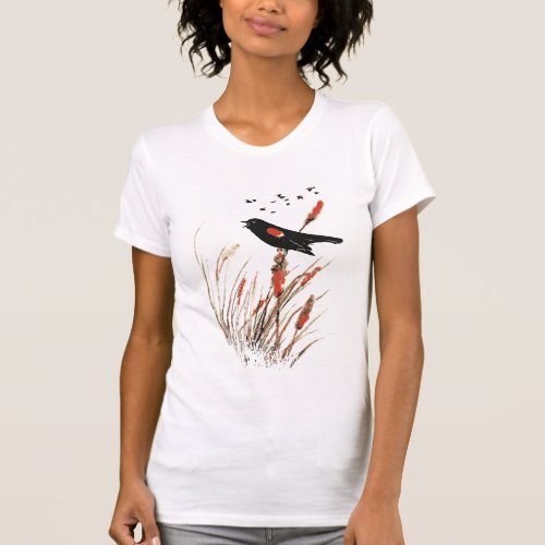 Watercolor Red Wing Blackbird Bird Nature art T_Shirt