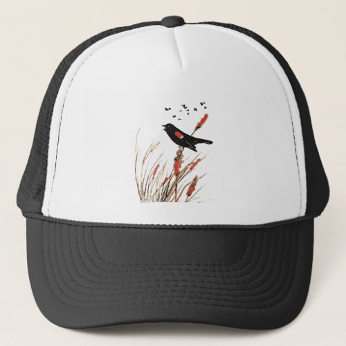 Watercolor Red_Wing Blackbird Wildlife Cattails  Trucker Hat