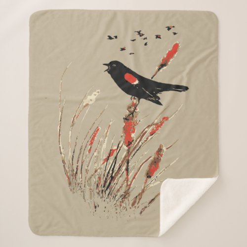 Watercolor Red_Winged Blackbird Bull Rushes Sherpa Blanket