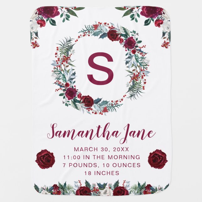 Watercolor Red Winter Flowers & Holly Wreath Baby Blanket (Front)