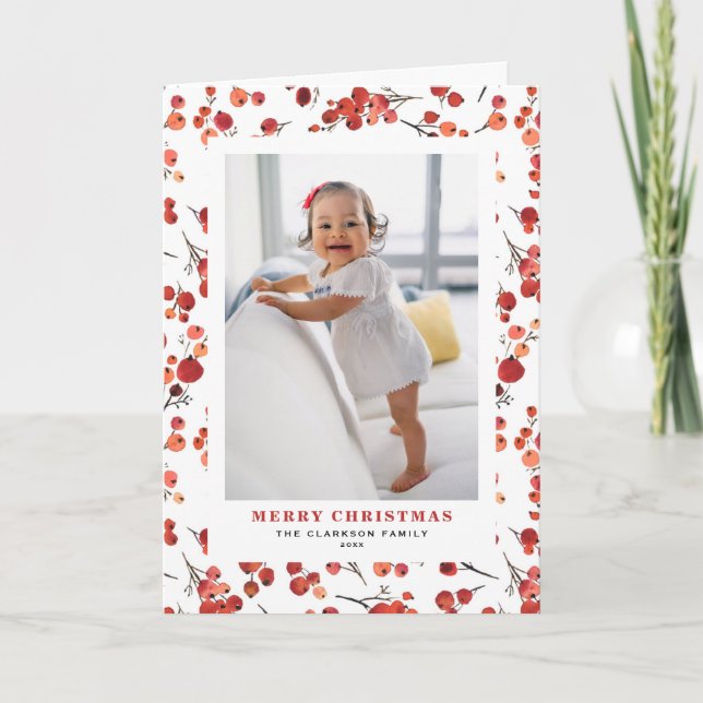 Watercolor Red Winterberries Photo Merry Christmas Holiday Card (Front)