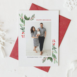 Watercolor Red Winterberry and Holly Photo Holiday Card