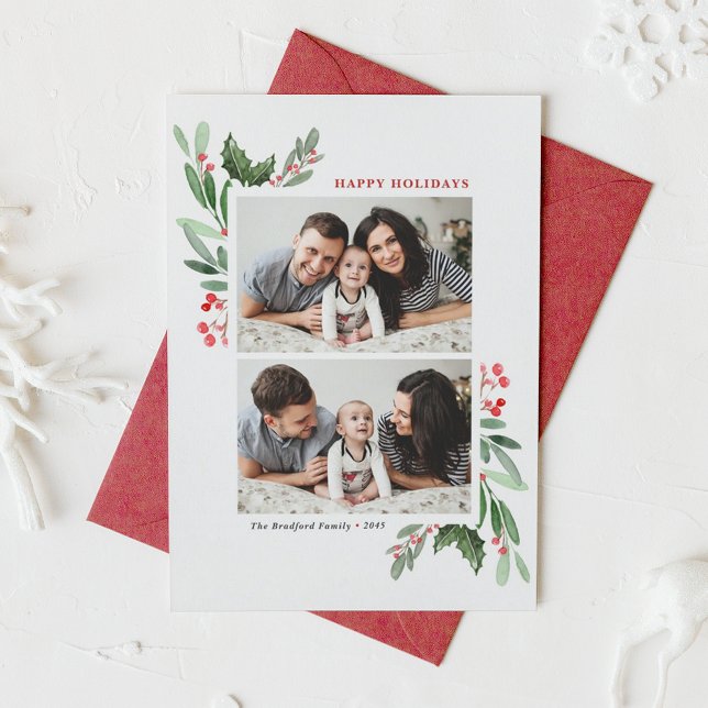Watercolor Red Winterberry and Holly Two Photo Holiday Card (Watercolor Winterberry and Holly Two Photo Collage Happy Holidays Card)