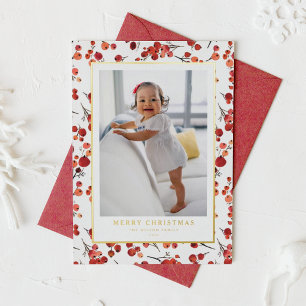 Watercolor Red Winterberry Christmas Photo Foil Holiday Card