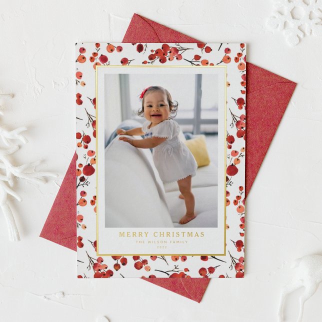 Watercolor Red Winterberry Christmas Photo Foil Holiday Card (Creator Uploaded)