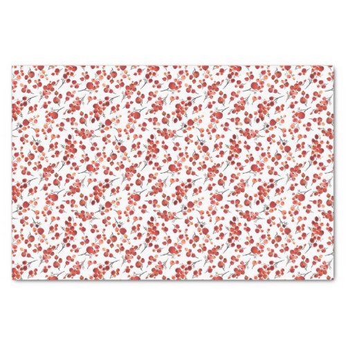 Watercolor Red Winterberry Holly Christmas Pattern Tissue Paper