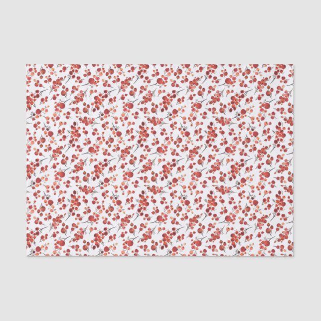 Watercolor Red Winterberry Holly Christmas Pattern Tissue Paper (Front)
