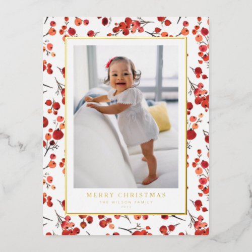 Watercolor Red Winterberry Holly Christmas Photo Foil Holiday Postcard