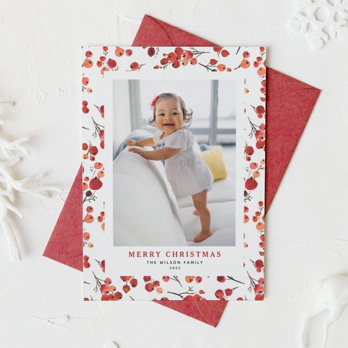Watercolor Red Winterberry Holly Christmas Photo Holiday Card