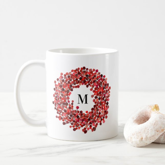 Watercolor Red Winterberry Wreath Monogram Coffee Mug (With Donut)