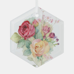 Watercolor Red Yellow Pink Garden Roses Glass Ornament