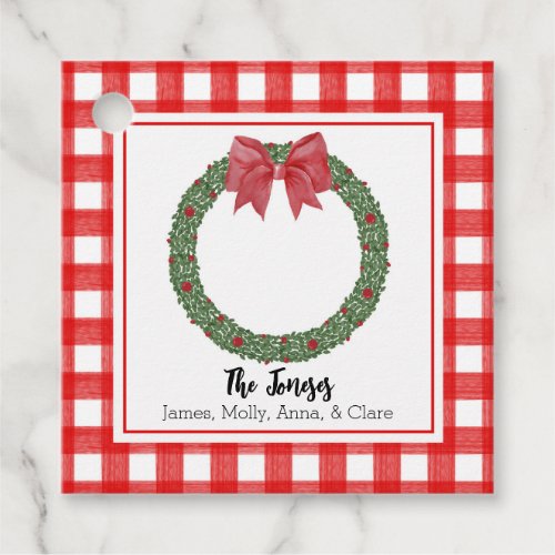 Watercolor RedPlaid Bow Christmas Wreath Gift Tag