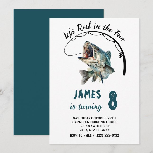 Watercolor Reel in the Fun Fishing Birthday Invitation (Front/Back)