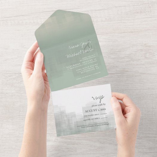 Watercolor Reflections Wedding Sage ID774 All In One Invitation