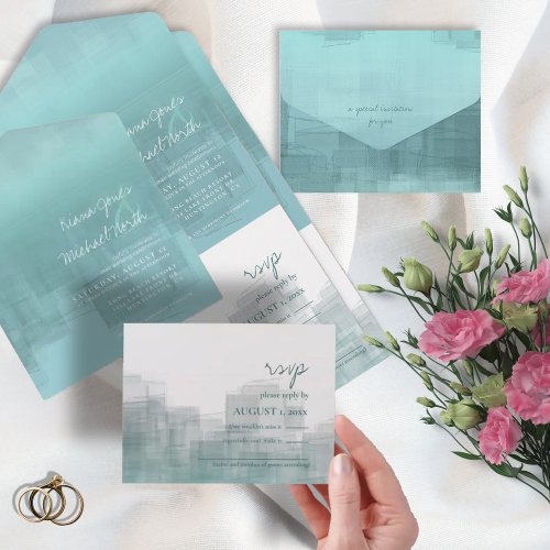 Watercolor Reflections Wedding Teal ID774 All In One Invitation