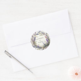 Watercolor Regal Lavender Wreath Monogram Wedding Classic Round Sticker