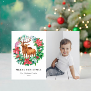 Watercolor Reindeer and Holly Wreath Christmas Letterpress Photo Cards