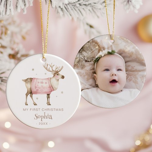 Watercolor Reindeer Baby's 1st Christmas Photo Ceramic Ornament