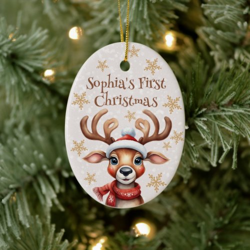 Watercolor Reindeer Babys First Christmas Photo Ceramic Ornament
