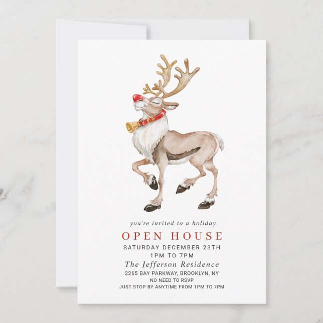 Watercolor Reindeer CHRISTMAS HOLIDAY OPEN HOUSE Invitation (Front)