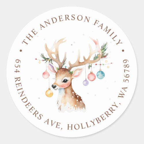 Watercolor Reindeer Christmas Return Address Classic Round Sticker