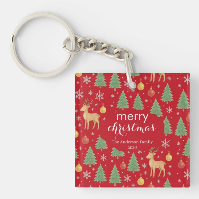 Watercolor Reindeer & Christmas Tree -  Keychain (Front)
