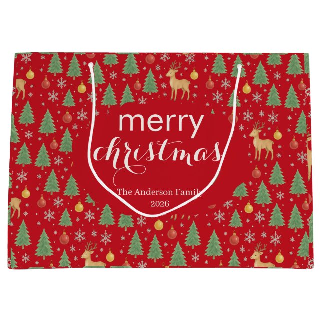 Watercolor Reindeer & Christmas Tree -  Large Gift Bag (Front)