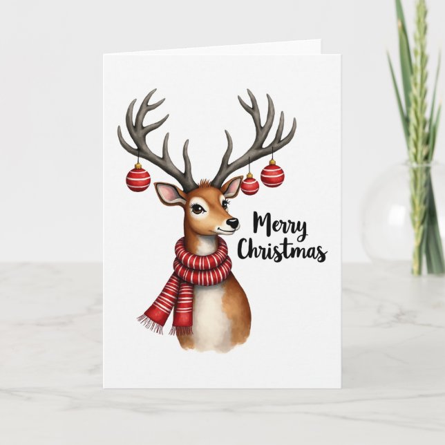Watercolor Reindeer Cute Christmas Card (Front)